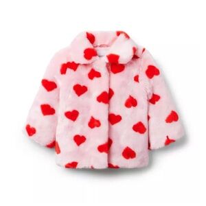 Janie & Jack pink red heart fuzzy faux fur button up jacket